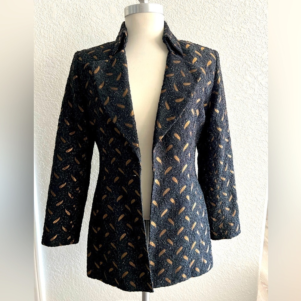 Eva Polini Couture 90’s Womens Blazer textured black and gold feather print Sz 8